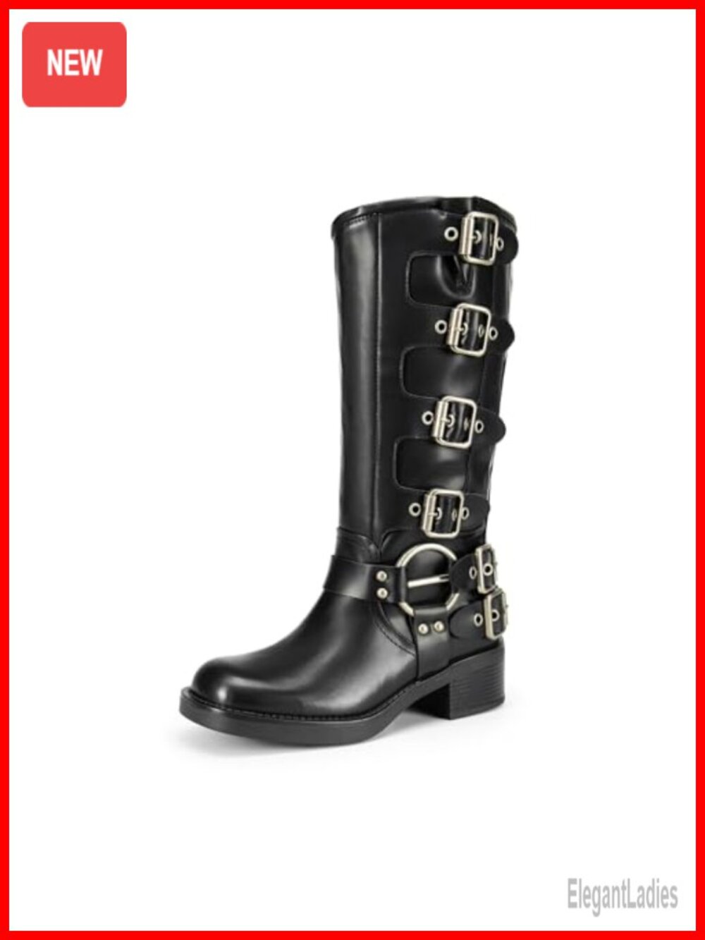 Women's Knee High Block Heel Moto Boots Square Toe Buckle Straps Faux Leather